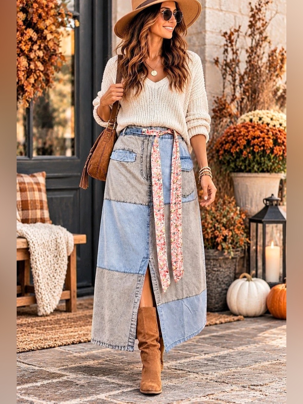 Young Threads NWT Patchwork Maxi Skirt L Floral Tie Belt Cotton Boho